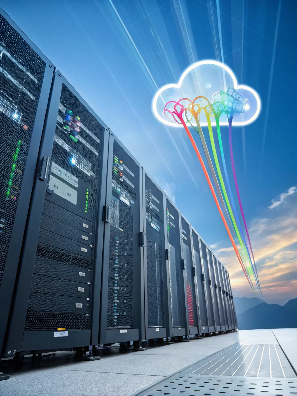 An image of cloud icons connected to servers and data flow diagrams, emphasizing the smooth transition and optimized performance of cloud migration.